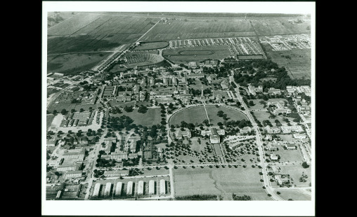Aerial photograph of LSU Campus featuring oak grove, 1950, Office of Public Relations Records, A020, University Archives