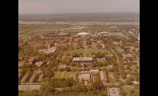 Aerial photograph of LSU Campus featuring oak grove, 1976, Office of Public Relations Records, A020, University Archives