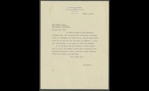 Typed invitation from LSU President Thomas Boyd to Mrs. Ory regarding the oak grove planting ceremony, March 8, 1926.