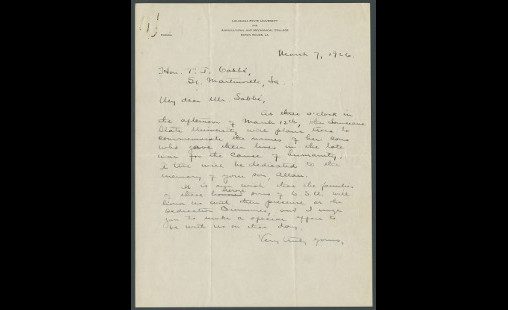 Written invitation to T. J. Labbé to the oak grove planting ceremony, March 7, 1926.