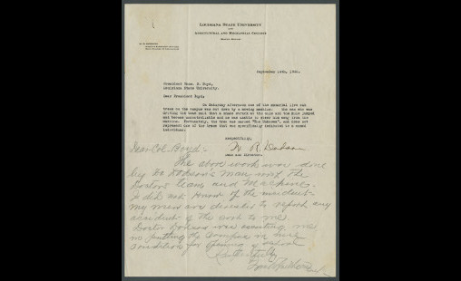 Letter from Professor W. R. Dodson to LSU President Thomas Boyd that a sapling marked 'The Unknown soldier' was damaged by lawnmower, September 1926.